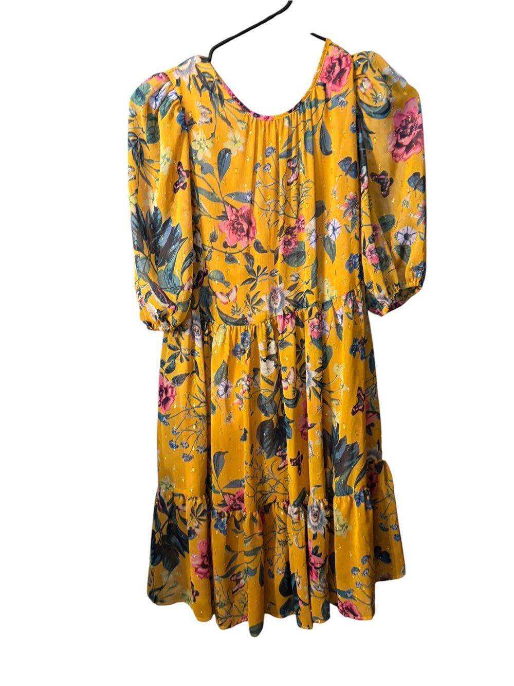Eliza J Yellow Floral Puff-Sleeve Tiered Midi Dress